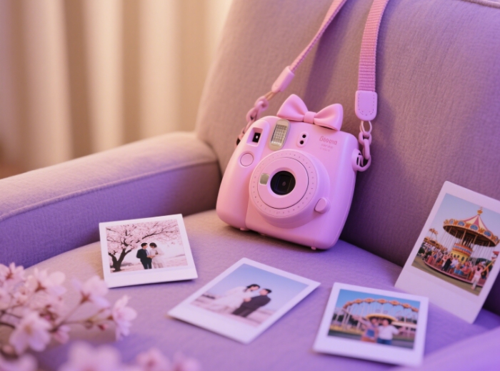 A Polaroid camera and a few scattered photos with a blurred background
