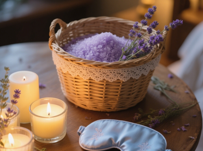 A beautiful basket filled with lavender bath salts, scented candles and a silk eye mask