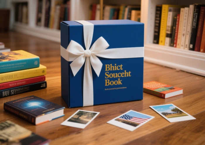 A beautifully packaged blind-selected book box with books and postcards scattered around it