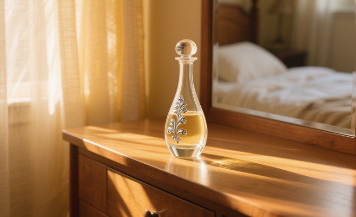 A beautifully styled perfume bottle with soft sunlight in the background, evoking warmth
