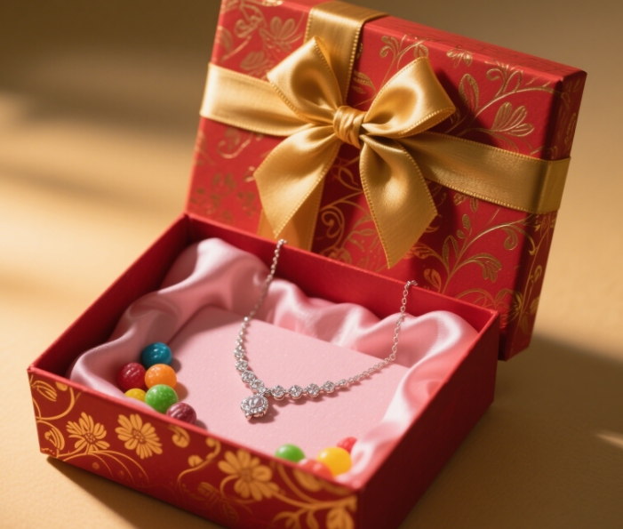 A beautifully wrapped gift box with ribbons and small presents inside
