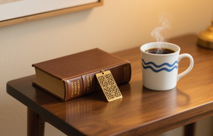 A book with the brass bookmark peeking out, styled with a coffee cup