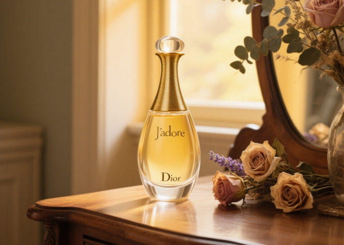 A bottle of Dior J'adore exquisite perfume elegant scene
