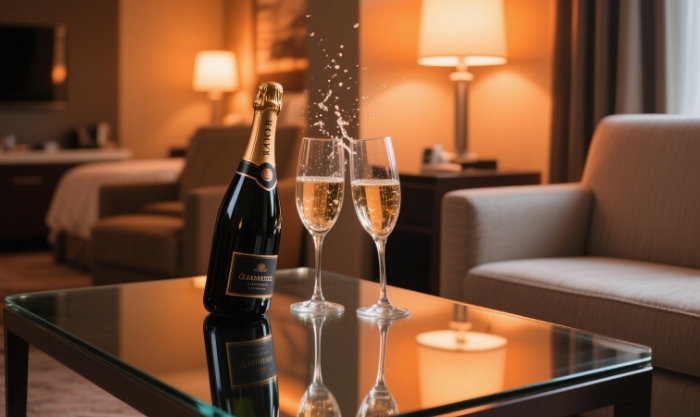 A bottle of champagne with two glasses clinking