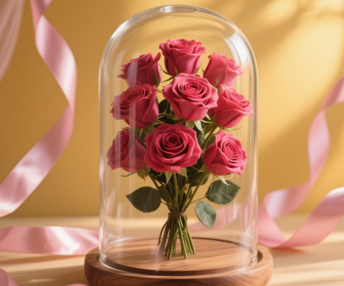 A bouquet of preserved roses placed in a glass dome