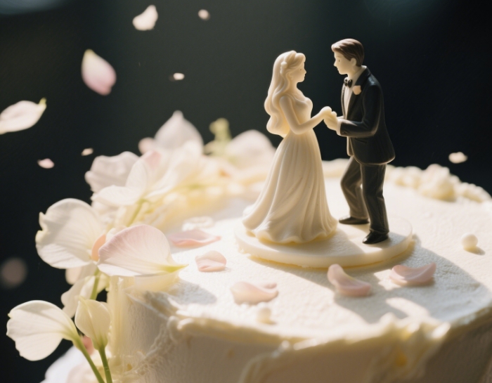 A cake topper featuring a groom figurine proposing to a bride.