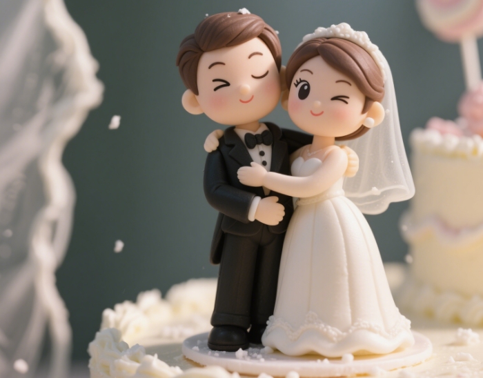A cake with playful fondant figurines of a bride and groom in a cute pose.