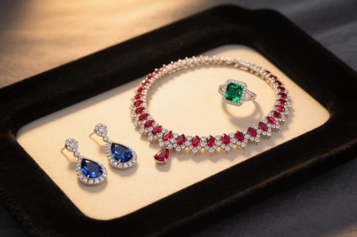 A chic jewelry set arranged on a velvet tray