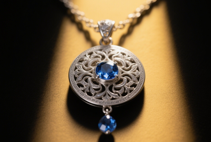 A close-up of a dainty engraved necklace with soft lighting