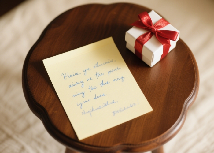A close-up of a handwritten note with a gift