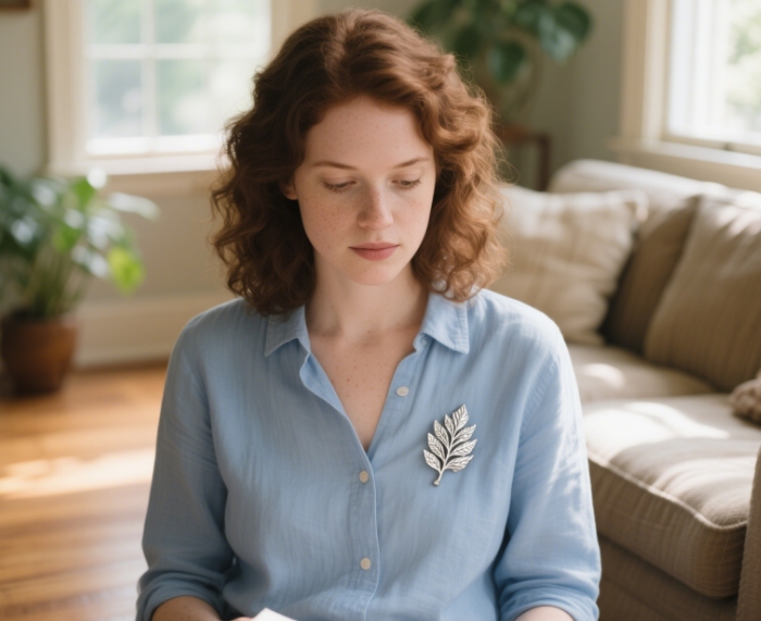A close - up of an elegant woman wearing a brooch, with the background blurred to highlight the exquisite nature of the gift.