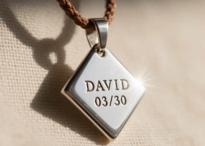 A close-up of an engraved pendant with a name or date.