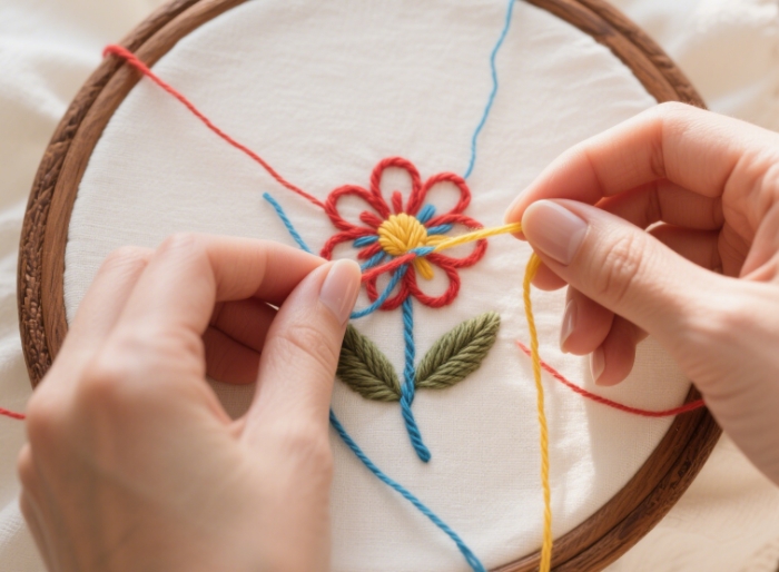 A close-up of hands working on an embroidery hoop with colorful threads