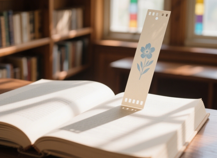 A close-up of the bookmark, with a beautiful effect of sunlight shining through the film