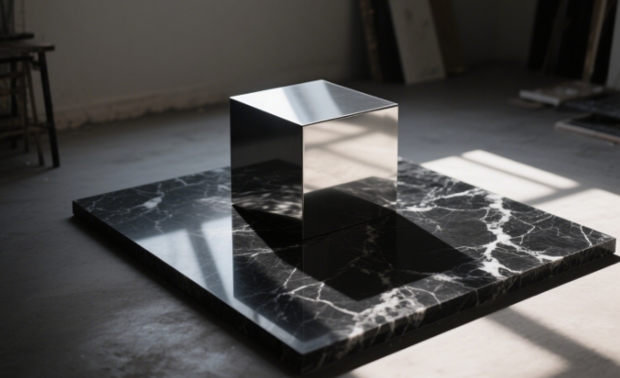 A close-up of the silver stress-relief cube on a marble surface, showcasing its sleek design