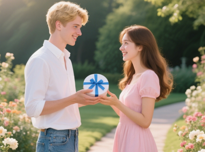 A couple exchanging gifts or a romantic flat lay of gift boxes with ribbons
