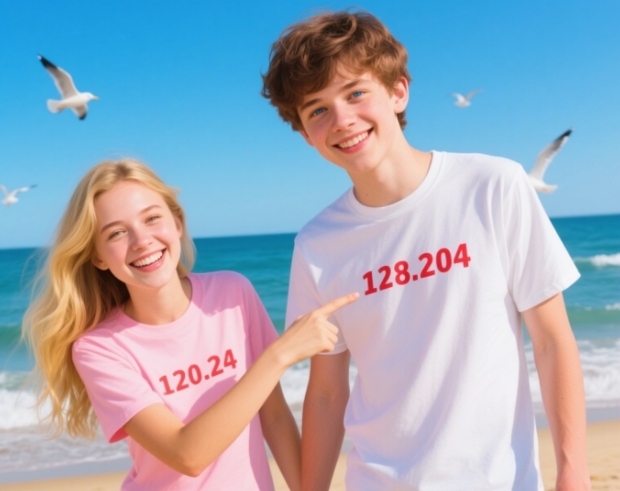 A couple is wearing custom - made T - shirts and smiling while pointing at the date on their chests