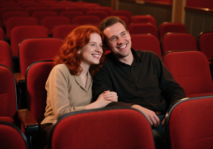 A couple laughing together, holding hands or sharing a romantic moment