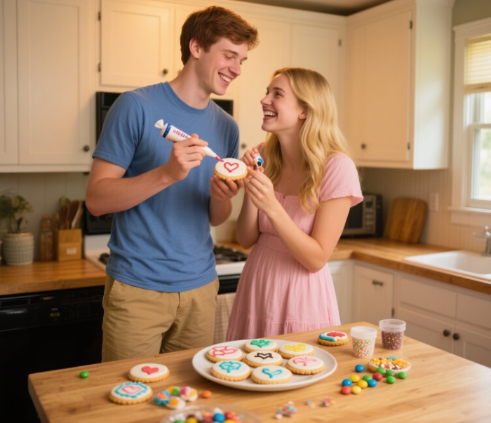 A couple laughing while decorating cookies