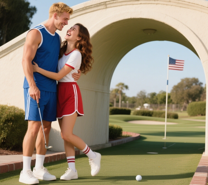 A couple laughing while playing mini-golf