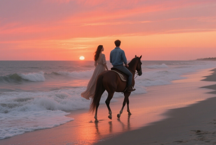 A couple rides horseback on an empty beach on Amelia Island