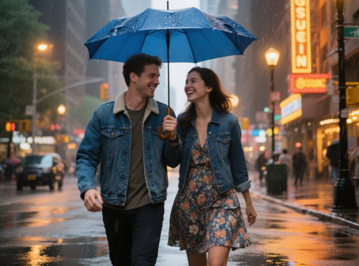 A couple sharing the umbrella in the rain, smiling