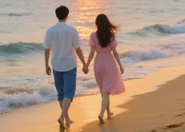 A couple walking on a beach at sunset