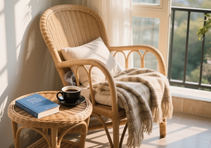 A cozy reading nook with a book and coffee mug