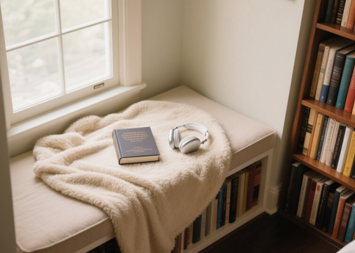 A cozy reading nook with a book + headphones on a blanket.