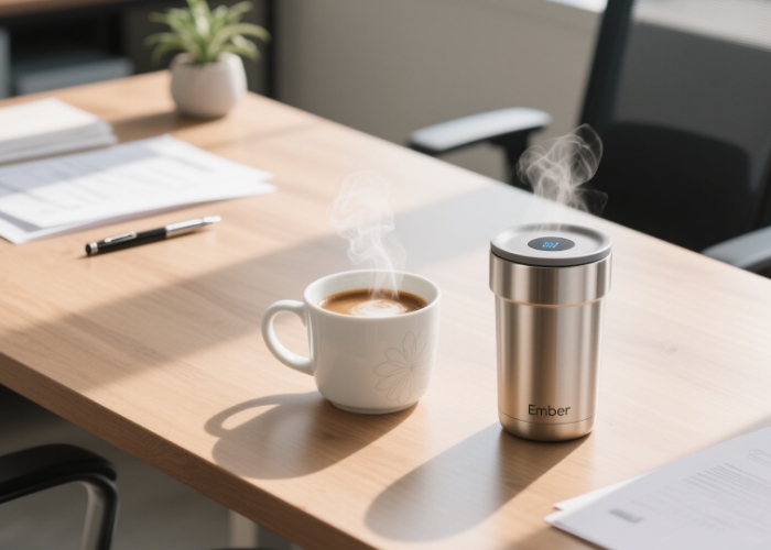 A cup of hot coffee and Ember Mug