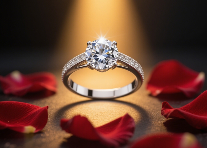 A diamond ring placed among rose petals