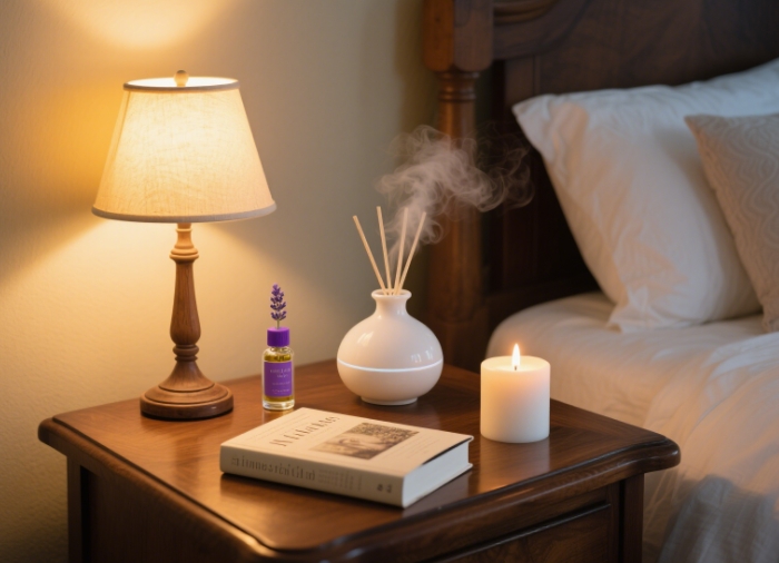 A diffuser emitting mist with essential oils and candles nearby