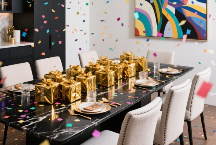 A festive collage of all 10 gifts wrapped in gold paper, with confetti and sparkles to convey luck and celebration