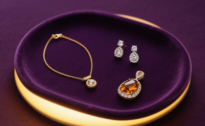 A flat lay of 3-4 featured jewelry pieces on a velvet tray with soft lighting