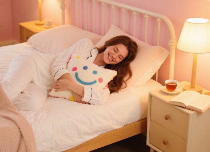A girl holds a custom - made smile pillow, with a warm and cozy background