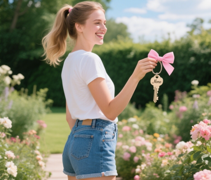 A girl smiling while holding a small, personalized gift (e.g., a keychain with initials)