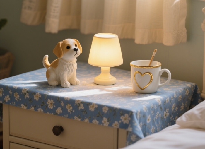 A glowing puppy night light and a love mug are placed together, creating a warm background.
