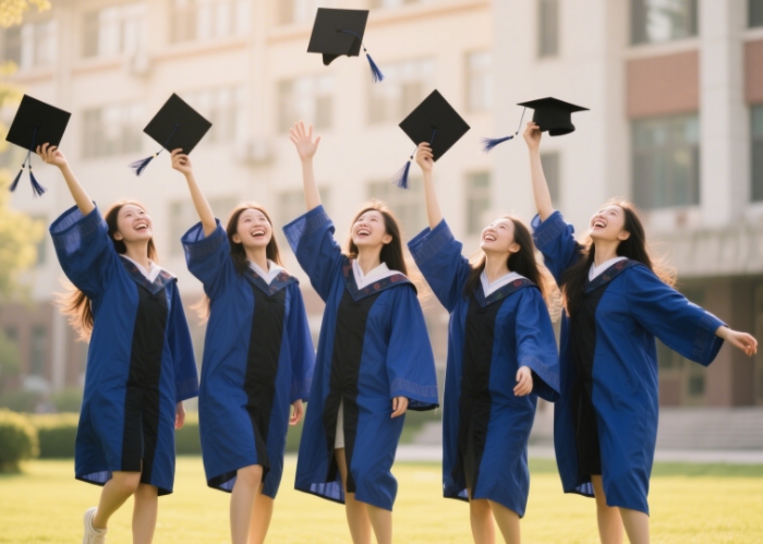 A group of female graduates throwing their hats in celebration