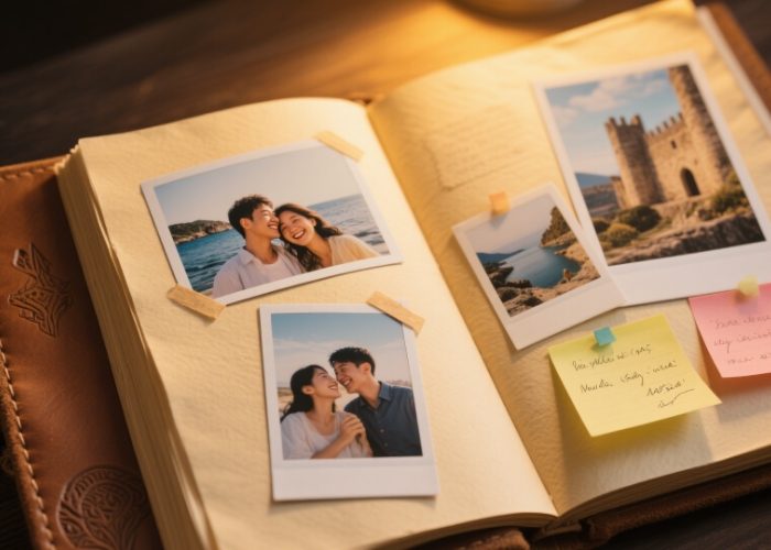 A handmade album with travel photos of a couple