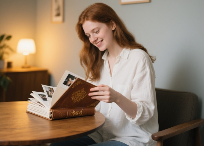 A hands-on shot of someone flipping through a scrapbook
