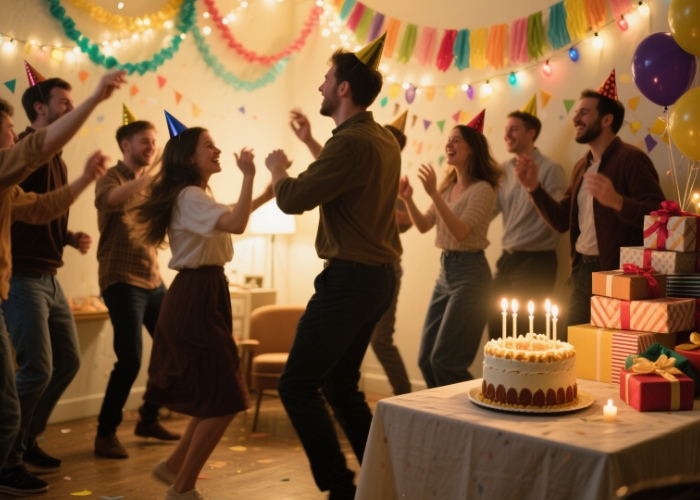 A happy group at a birthday party, with decorations and a cake