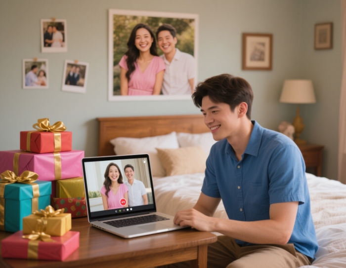 A heartwarming scene of a long-distance couple having a video call with gift box elements in the background