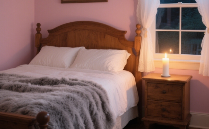 A lit candle in a cozy bedroom setting with soft blankets