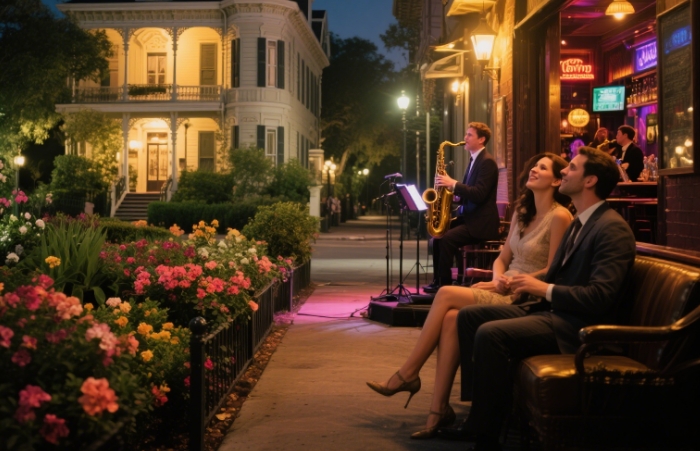 A mansion in the Garden District of New Orleans or a couple listening to music at a jazz bar