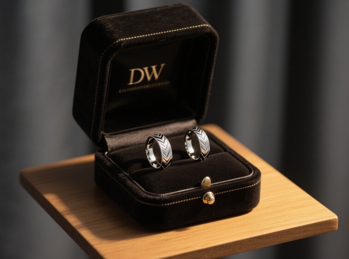 A pair of DW rings are placed on a velvet box, with soft light
