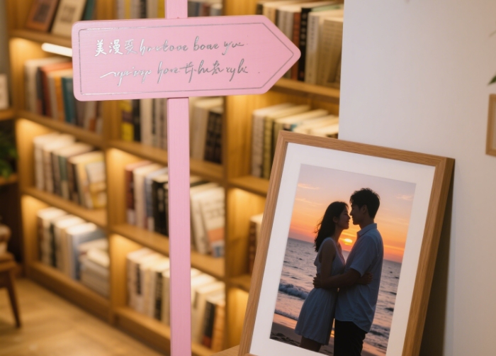 A path sign ornament in a fresh style, with a couple's photo placed beside it