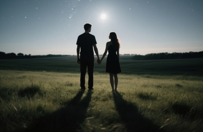 A romantic couple silhouette under a starry sky or holding hands