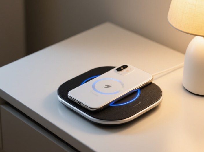 A scene of a stylish wireless charger paired with a smartphone