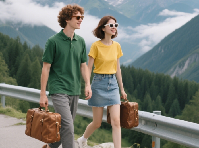 A scenic vacation spot with luggage and sunglasses