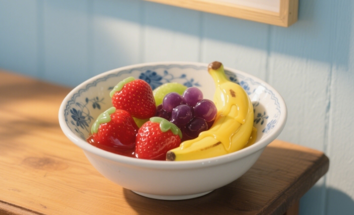 A set of fruit-shaped melts in a decorative bowl